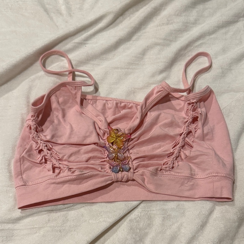 Pink Ruched Rave Crop Tank with Butterly Detailing Size M